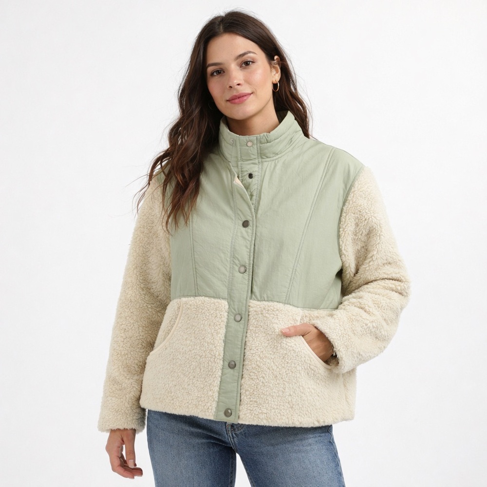 Natural Selections Womens Sherpa Fleece Sage Green Colorblock Jacket, Size Large